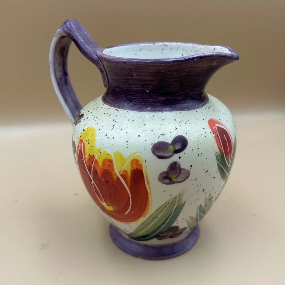 Julie Ueland Enesco Ceramic Pitcher Floral Tulip Purple Hand Painted 2000 Vtg